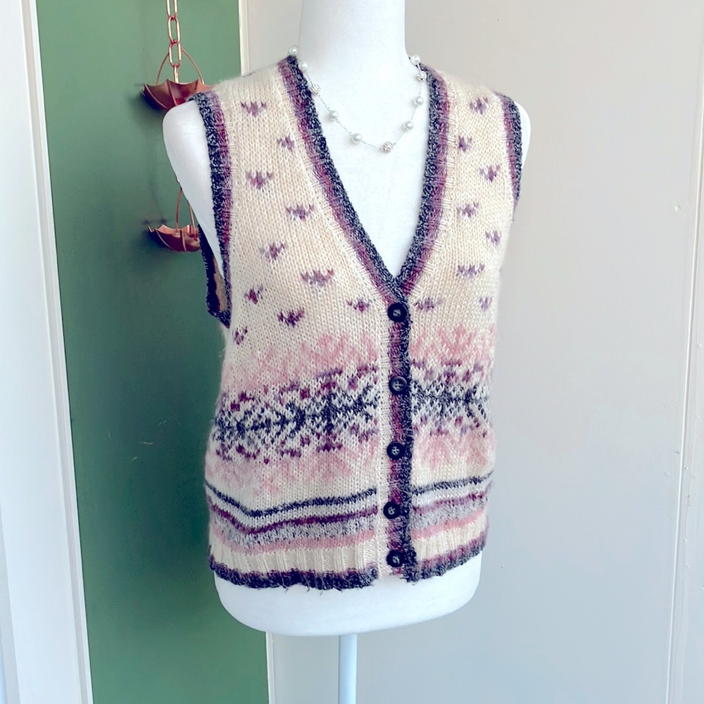 Vintage 80s 90s Cream and Purple Knit Vest